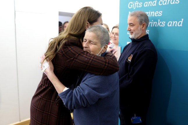 LONDON, ENGLAND - JANUARY 14: Catherine, Princess of Wales hugs Rebecca Mendelhson during a visit to The Royal Marsden Hospital on January 14, 2025 in London, England. The Prince and Princess of Wales have today become Joint Patrons of The Royal Marsden NHS Foundation Trust following a visit by Her Royal Highness to the hospital???s Chelsea site. The Princess??? own personal cancer journey saw her receive treatment from The Royal Marsden. The Royal Marsden opened its doors in 1851 as the world???s first hospital dedicated to cancer diagnosis, treatment, research and education. (Photo by Chris Jackson/Getty Images)
