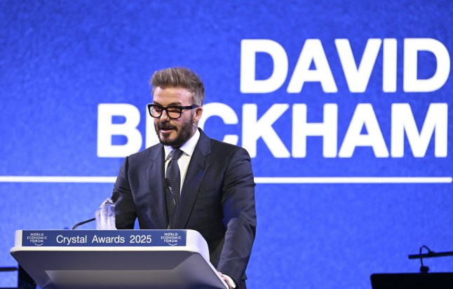 DAVOS, SWITZERLAND JANUARY 20: Former British football player David Beckham makes a speech after receiving the Crystal Award within the World Economic Forum held in Davos, Switzerland on January 20, 2025. (Photo by Halil Sagirkaya/Anadolu via Getty Images)
