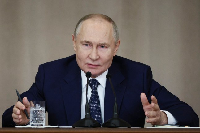 Russian President Vladimir Putin attends an annual meeting of judges at the Supreme Court in Moscow, Russia, Thursday, Feb. 20, 2025. (Sergei Bulkin, Sputnik, Kremlin Pool Photo via AP)