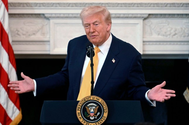 President Donald Trump speaks at the Governors Working Session in the State Dining Room of the White House in Washington, Friday, Feb. 21, 2025. (Pool via AP)