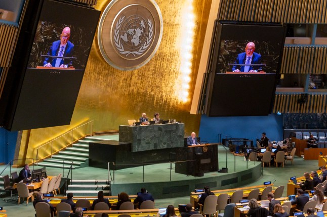 epa11921792 Russian Ambassador Vasily Nebenzya speaks before members of the General Assembly vote on a resolution demanding an immediate withdrawal of all Moscow's forces from Ukraine, at the United Nations Headquarters in New York, New York, USA, 24 February 2025. Ukraine marks the third anniversary since Russia began its full-scale invasion of the country in 2022. EPA/SARAH YENESEL