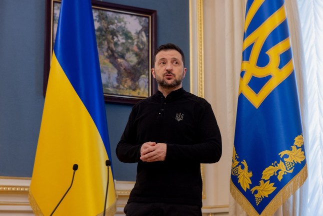 Ukraine's President Volodymyr Zelensky gives a press conference in Kyiv on February 26, 2025, amid the Russian invasion of Ukraine. Kyiv and Washington have agreed a deal to give the United States access to Ukrainian mineral resources, following a spat between US President Donald Trump and Ukrainian leader Volodymyr Zelensky. (Photo by Tetiana DZHAFAROVA / AFP) (Photo by TETIANA DZHAFAROVA/AFP via Getty Images)