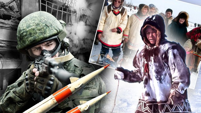 A composite image showing a solider in full khaki pointing a gun, and then two photos showing the indigenous community in their home in the Arctic wearing their traditional dress.