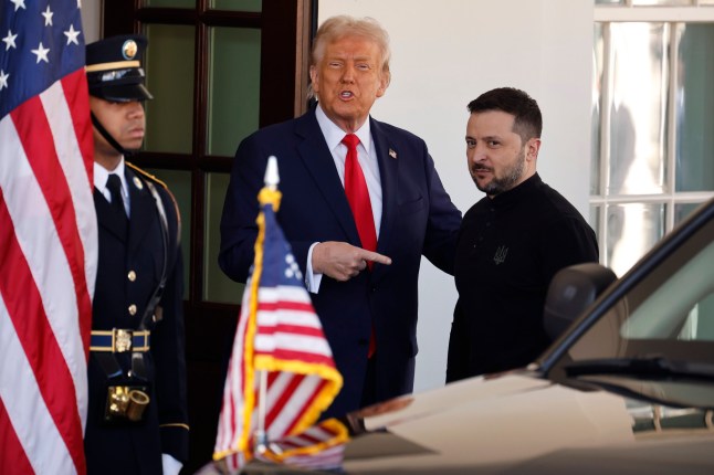 WASHINGTON, DC - FEBRUARY 28: (L-R) U.S. President Donald Trump greets Ukrainian president Volodymyr Zelensky as he arrives at the White House on February 28, 2025 in Washington, DC. Trump and Zelensky are meeting today to sign a preliminary agreement on sharing Ukraine???s mineral resources that Trump says will allow America to recoup aid provided to Kyiv while supporting Ukraine???s economy. (Photo by Chip Somodevilla/Getty Images)