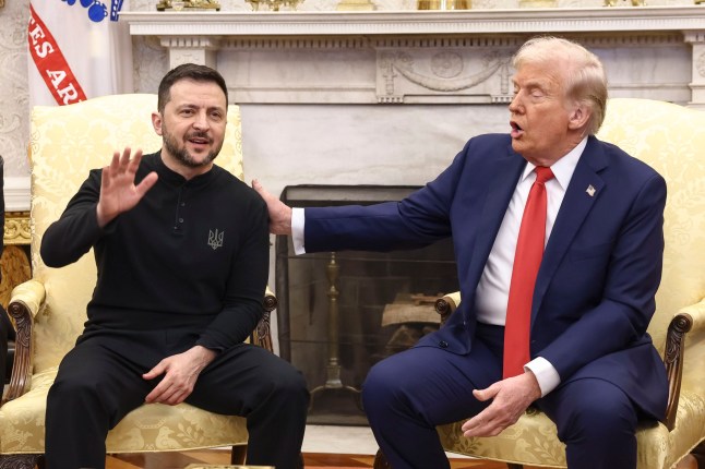epa11930664 US President Donald Trump (R) meets with Ukrainian President Volodymyr Zelensky (L) in the Oval Office of the White House in Washington, DC, USA, 28 February 2025. Zelensky is in Washington to sign the framework of a deal, pushed by President Trump, to share Ukraines???s mineral wealth with the US. EPA/JIM LO SCALZO / POOL