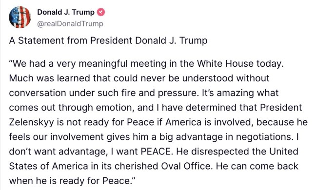 donald trump statement post about zelensky