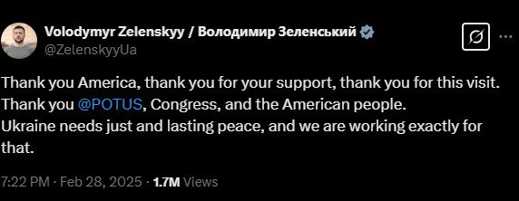 Thank you America, thank you for your support, thank you for this visit. Thank you @POTUS, Congress, and the American people. Ukraine needs just and lasting peace, and we are working exactly for that.