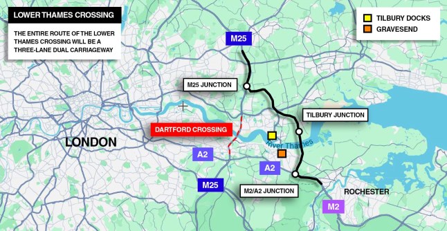 A maps shows where the Lower Thames Crossing will be built connecting Essex and Kent.