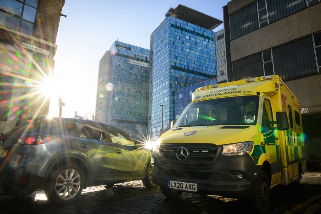 An ambulance responding to an emergency call departs from the Royal London Hospital on January 09, 2025 in London, England.