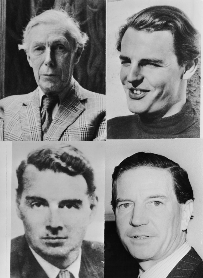 circa 1975: Four members of the 'Cambridge Five', graduates of Trinity College, Cambridge, who passed information from British Intelligence to the Soviet Union in the 1940s and 1950s. Clockwise from top left, Anthony Blunt (1907 - 1983), Donald Duart Maclean (1913 - 1983), Kim Philby (1912 - 1988) and Guy Burgess (1911 - 1963). (Photo by Keystone/Hulton Archive/Getty Images)