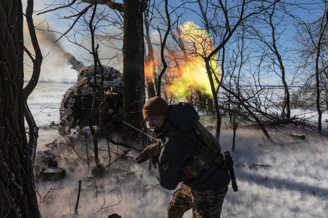 DONETSK OBLAST, UKRAINE - FEBRUARY 17: Ukrainian soldiers of the 117th Brigade fire D-30 artillery in the direction of Pokrovsk, Ukraine on 17 February 2025. (Photo by Diego Herrera Carcedo/Anadolu via Getty Images)