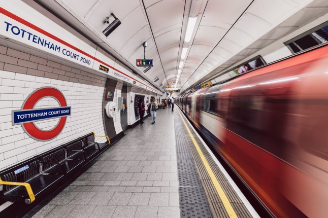 A Bakerloo line train and station platform on the London Underground.