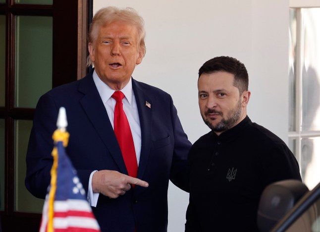 WASHINGTON, DC - FEBRUARY 28: (L-R) U.S. President Donald Trump greets Ukrainian President Volodymyr Zelensky as he arrives at the White House on February 28, 2025 in Washington, DC. Trump and Zelensky are meeting today to sign a preliminary agreement on sharing Ukraine???s mineral resources that Trump says will allow America to recoup aid provided to Kyiv while supporting Ukraine???s economy. (Photo by Chip Somodevilla/Getty Images)