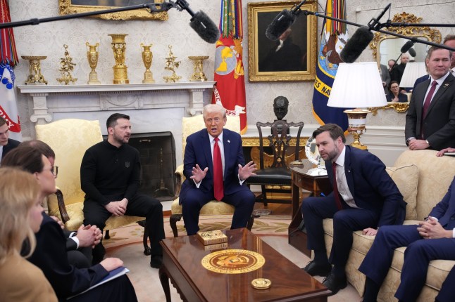 WASHINGTON, DC - FEBRUARY 28: U.S. President Donald Trump (C) and Vice President JD Vance meet with Ukrainian President Volodymyr Zelensky in the Oval Office at the White House on February 28, 2025 in Washington, DC. Trump and Zelensky are meeting today to negotiate a preliminary agreement on sharing Ukraine???s mineral resources that Trump says will allow America to recoup aid provided to Kyiv while supporting Ukraine???s economy. (Photo by Andrew Harnik/Getty Images)