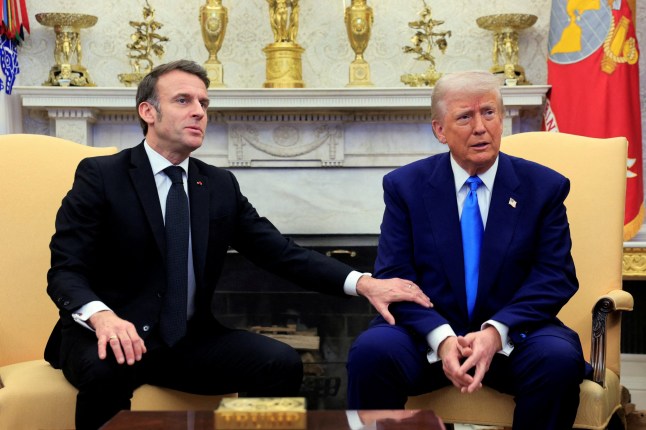 FILE PHOTO: French President Emmanuel Macron and U.S. President Donald Trump meet at the White House in Washington, D.C., U.S., February 24, 2025. REUTERS/Brian Snyder/File Photo