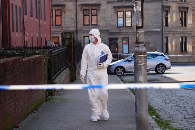 Forensic Officers on Clarendon Street, Glasgow, after 15-year-old boy died after being found seriously injured in the street. Police were called to the area at around 10.30pm on Wednesday to reports of a person found injured. Emergency services attended but the 15-year-old was pronounced dead at the scene. Police say they are treating the death as suspicious and have launched an investigation. Picture date: Thursday March 6, 2025. PA Photo. See PA story POLICE Boy. Photo credit should read: Jane Barlow/PA Wire