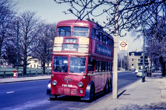 A 1960s London electric Trolley Bus on route to Wimbledon, London, before they disappeared.