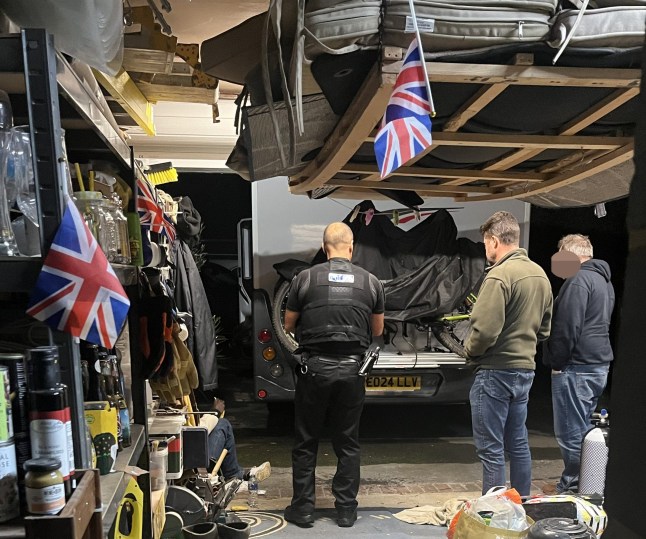Pic Shows;Adrian And Joanne Fenton Of Heybridge in Essex Story On Migrant stowing away in there bike on the rear of there Motorhome. Migrant is arrested inside the Couples Garage. ?? Jim Bennett//07836225329