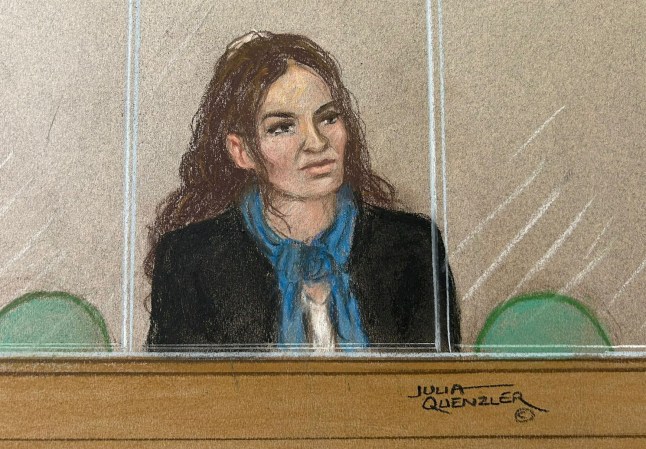 Court drawing of Constance Marten, 37, appearing in the dock as she and Mark Gordon who did not appear are accused of the manslaughter by gross negligence of their daughter Victoria when they attempted to evade authorities in early 2023, March 10 2025. The pair are being re-tried on charges which were not decided at the first trial.