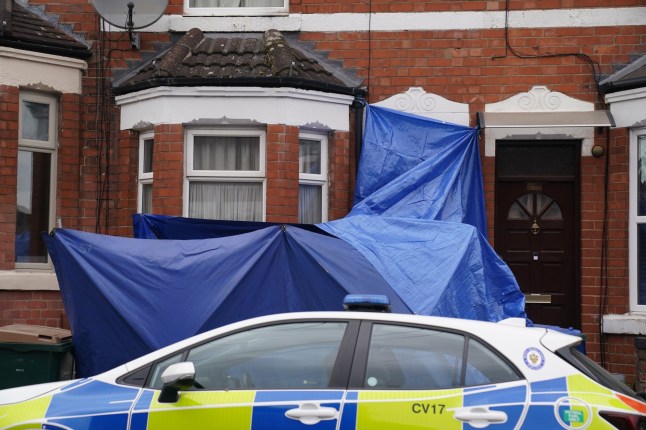 A police car at the scene on Newcombe Road in Coventry, following a double stabbing where a man in his 50s was found dead and the second man, also in his 50s, was found with potentially life changing facial injuries and was taken to hospital. Picture date: Sunday March 16, 2025. PA Photo. See PA story POLICE Coventry. Photo credit should read: Jacob King/PA Wire