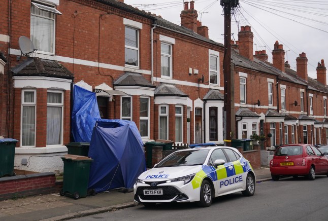 HOUSE NUMBER PIXELATED BY PA PICTURE DESK A police car at the scene on Newcombe Road in Coventry, following a double stabbing where a man in his 50s was found dead and the second man, also in his 50s, was found with potentially life changing facial injuries and was taken to hospital. Picture date: Sunday March 16, 2025. PA Photo. See PA story POLICE Coventry. Photo credit should read: Jacob King/PA Wire