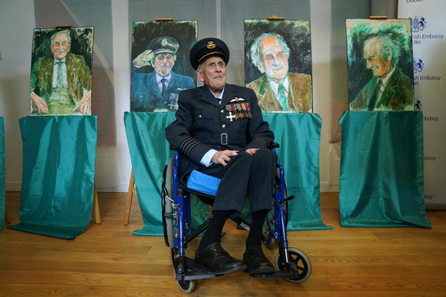 2XJAH7Y The last known Battle of Britain pilot, Group Captain John 'Paddy' Hemingway DFC celebrates his 105th birthday and the unveiling of portraits reflecting his life by British artist Dan Llywelyn Hall, at the British Embassy in Dublin, Ireland. Picture date: Wednesday July 17, 2024.