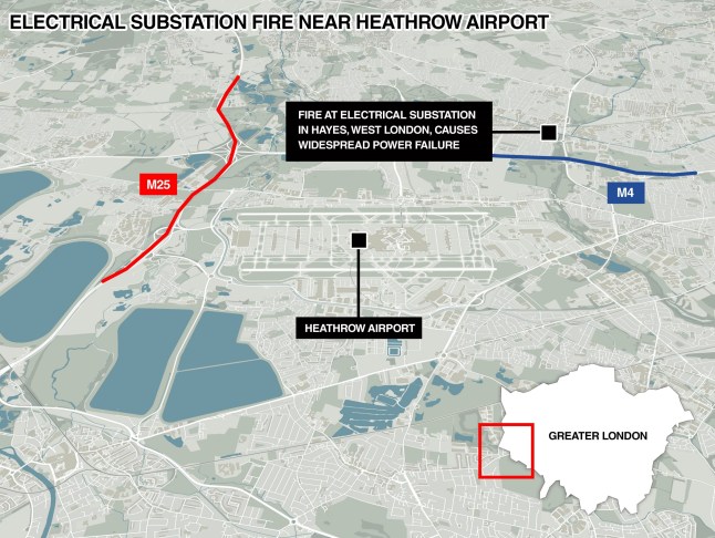 A map showing Heathrow airport and the power station.