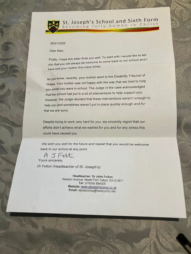 The letter of apology from St Joseph's Catholic School in Port Talbot to former pupil Kian Mills Credit: WalesOnline/Media Wales