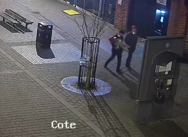 Screen grab taken from video dated 02/03/25 issued by Thames Valley Police of the Paddington Bear statue in Newbury, Berkshire, being damaged and stolen. Two RAF engineers have admitted to breaking a newly-installed Paddington Bear statue in half and ripping it off the bench where it was displayed, before stealing it. Daniel Heath, 22, and William Lawrence, 22, have both admitted an offence of criminal damage. The statue, in Northbrook Street, Newbury, Berkshire, was damaged before being stolen shortly after 2am on March 2, Reading Magistrates' Court heard. Issue date: Tuesday March 25, 2025. PA Photo. See PA story COURTS PaddingtonBear. Photo credit should read: Thames Valley Police/PA Wire NOTE TO EDITORS: This handout photo may only be used for editorial reporting purposes for the contemporaneous illustration of events, things or the people in the image or facts mentioned in the caption. Reuse of the picture may require further permission from the copyright holder.