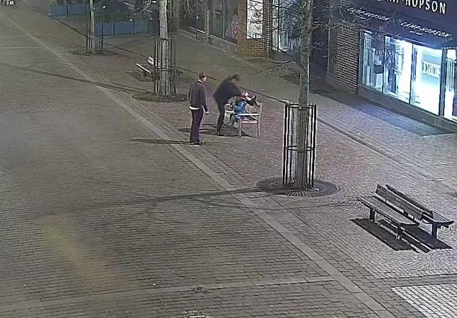 Screen grab taken from video dated 02/03/25 issued by Thames Valley Police of the Paddington Bear statue in Newbury, Berkshire, being damaged and stolen. Two RAF engineers have admitted to breaking a newly-installed Paddington Bear statue in half and ripping it off the bench where it was displayed, before stealing it. Daniel Heath, 22, and William Lawrence, 22, have both admitted an offence of criminal damage. The statue, in Northbrook Street, Newbury, Berkshire, was damaged before being stolen shortly after 2am on March 2, Reading Magistrates' Court heard. Issue date: Tuesday March 25, 2025. PA Photo. See PA story COURTS PaddingtonBear. Photo credit should read: Thames Valley Police/PA Wire NOTE TO EDITORS: This handout photo may only be used for editorial reporting purposes for the contemporaneous illustration of events, things or the people in the image or facts mentioned in the caption. Reuse of the picture may require further permission from the copyright holder.