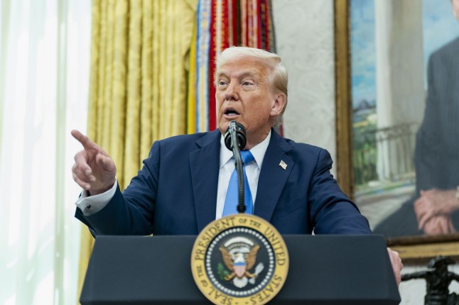 Mandatory Credit: Photo by Bonnie Cash/UPI/REX/Shutterstock (15227585i) President Donald Trump takes questions after Alina Habba, his former defense lawyer, is sworn in as U.S. Attorney for New Jersey in the Oval Office of the White House in Washington, DC on Friday, March 28, 2025. Alina Habba Sworn In as U.S. Attorney for New Jersey in Washington, DC, District of Columbia, United States - 28 Mar 2025