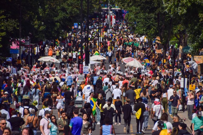 Mandatory Credit: Photo by Vuk Valcic/SOPA Images/Shutterstock (14664991w) Thousands of people pack the streets on the second day of this year's Notting Hill Carnival. The annual event in London's popular Notting Hill area attracts around a million people and is primarily a celebration of Caribbean culture. Notting Hill Carnival second day in London, UK - 26 Aug 2024