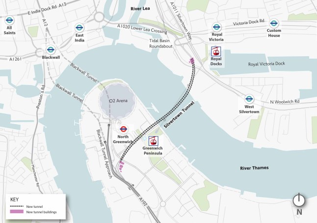 A map showing the location of the Silvertown Tunnel connecting Greenwich and Newham.