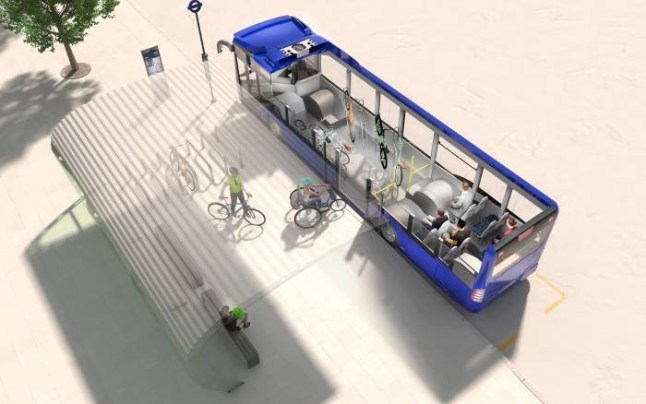 A CGI visual of the new Silvertown Tunnel cycle shuttle bus operating between Newham and Greenwich.