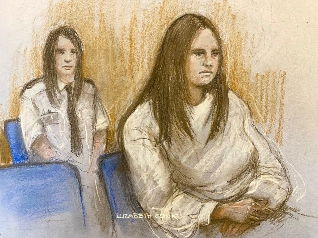 Court artist sketch by Elizabeth Cook of Julia Wandel (right), also known as Julia Wandelt, appearing at Leicester Magistrates' Court, where she has been charged with stalking the parents and siblings of Madeleine McCann by turning up at the family home, leaving voicemails and sending messages. Picture date: Friday February 21, 2025. PA Photo. See PA story COURTS Wandel. Photo credit should read: Elizabeth Cook/PA Wire