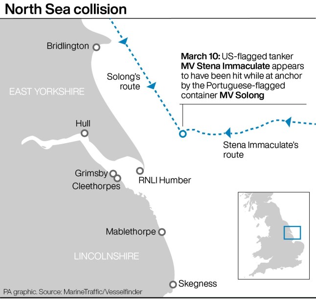 North Sea collision locator map. See story SEA Collision. Infographic PA Graphics. An editable version of this graphic is available if required. Please contact graphics@pamediagroup.com
