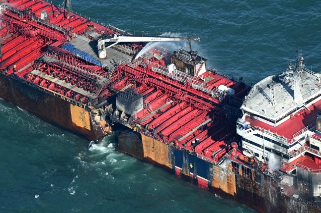 A damaged section of the hull of the MV Stena Immaculate is pictured, as the tanker lays at at anchor in the North Sea, off the coast of Withernsea, east of England, on March 11, 2025, after it was hit by the MV Solong container vessel on March 10. Fires were raging on Tuesday after a the MV Solong, a cargo ship laden with toxic materials, crashed into the MV Immaculate, a tanker carrying flammable jet fuel in the North Sea, as questions mounted about how the accident happened. There were also growing fears that any spill from the collision could harm the local environment and coastline, home to seals, porpoises and some protected waders and waterfowl.