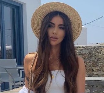 Model wearing hat and posing.