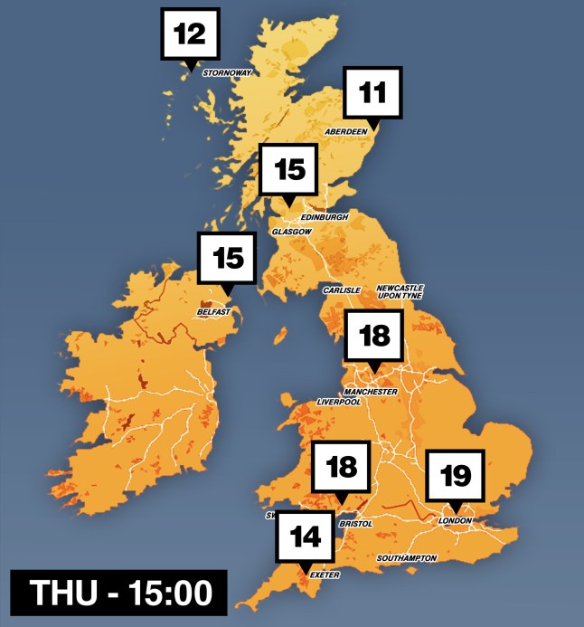 A weather map showing temperatures in the UK today, Thursday.