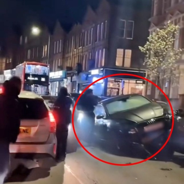 A car mounted a bit on another vehicle in Willesden, London, after a chase.