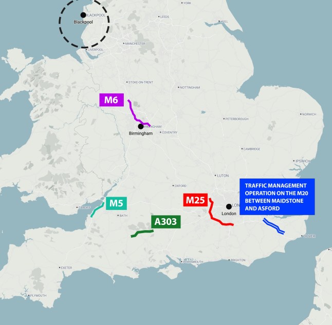 A map showing most of England and Wales and hotspots where Easter bank holiday traffic is likely to be the worst.