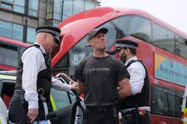 Mandatory Credit: Photo by Seiya Tanase/NurPhoto/Shutterstock (15250325e) Supporters of the pro-Palestine group 'Youth Demand' are arrested after blocking the road to Vauxhall Bridge in London, United Kingdom, on April 12, 2025. The group carries out the action demanding the government stop selling arms to Israel. Supporters Of Pro-Palestine Group 'Youth Demand' Are Arrested At Vauxhall Bridge, London On 12 April 2025, United Kingdom - 12 Apr 2025