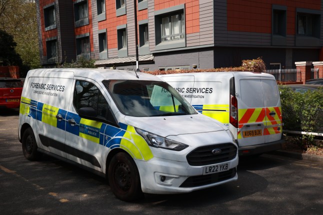 A tower block with a police car in Lewisham, southeast London, where a woman in her 40s was found dead.