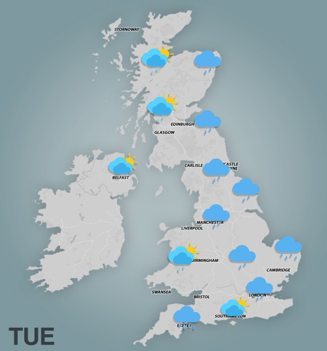 METRO GRAPHICS Tuesday morning weather forecast (Picture: Metro.co.uk)