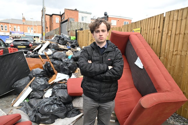 Metro Reporter Luke Alsford next to rubbish in Newlands Road today. METRO ONLY Picture by Jeremy Selwyn / SelwynPics +44 7836 200711 14/04/2025