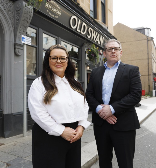 Jacqueline McCaig and Matthew Coffield from MJC Law outside the Old Swan in Paisley in Scotland. Photo released April 10 2025. A mum has been granted a lifelong restraining order against a former neighbour who turned her life into a ?living hell? - in a row over smoking.Jacqueline McCaig spend over ?20,000 pursuing Paul Richardson through civil court for three years.She claimed his ?threating and intimidating behaviour? left her in fear for her safety.Jacqueline runs the Old Swan in Paisley in Scotland and Richardson previously lived in a flat above the pub.