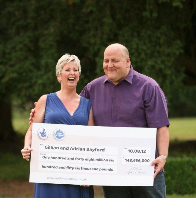 Mandatory Credit: Photo by Geoffrey Robinson/Shutterstock (1817308b) Adrian and Gillian Bayford Adrian and Gillian Bayford celebrate winning ?148m on EuroMillions lottery, Down Hall Hotel, Essex, Britain - 14 Aug 2012 The British couple who have scooped more than ?148m on the EuroMillions lottery run a second-hand music shop. Adrian, 41, a former market trader from Haverhill in Suffolk, hit the jackpot on Friday as the sole EuroMillions winner. The parents of two have banked the second biggest UK lottery win and are now richer than pop star Tom Jones, chef Jamie Oliver and footballer Wayne Rooney. The jackpot had rolled over 14 times before it had to be won. Adrian, who co-owns a music shop in Haverhill and his 40-year-old Scottish wife, a healthcare assistant in a local hospital, live in a new build detached house in a quiet cul-de-sac. Despite his win Adrian says he will continue the business but Gillian, who does shift work, says she will give up her job so she can spend more time with her family.