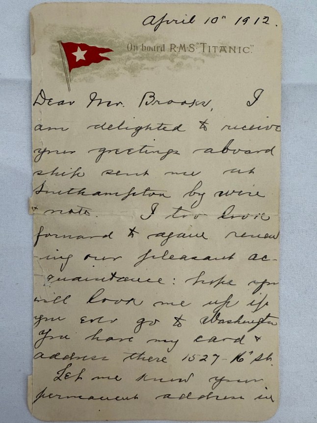Undated handout photo issued by Henry Aldridge & Son of a letter written by Colonel Archibald Gracie, who was a first class passenger on the Titanic, and is now known as one of the well-known survivors of the disaster. His letter is expected to sell for up to ?60,000 at auction, and is going under the hammer at Henry Aldridge and Son, of Devizes, Wiltshire, on April 26. Issue date: Tuesday April 22, 2025. PA Photo. The letter card is dated April 10 1912 and is postmarked Queenstown April 11 and London April 12 and is believed to be the only example from Gracie in existence from onboard the Titanic. See PA story SALE Titanic. Photo credit should read: Henry Aldridge & Son/PA Wire NOTE TO EDITORS: This handout photo may only be used for editorial reporting purposes for the contemporaneous illustration of events, things or the people in the image or facts mentioned in the caption. Reuse of the picture may require further permission from the copyright holder.