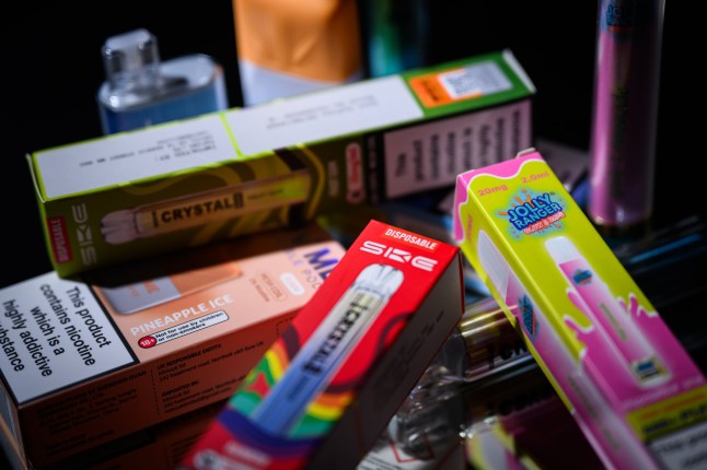 LONDON, ENGLAND - JANUARY 29: In this photo illustration, a selection of disposable vapes with bright and colourful packaging are seen, on January 29, 2024 in London, England. Rishi Sunak announces a ban on disposable vapes in the UK as part of government plans to tackle the rise in youth vaping and protect children's health. (Photo by Leon Neal/Getty Images)