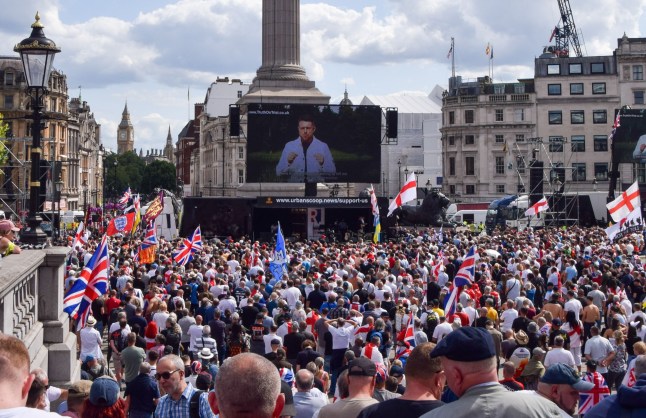 Mandatory Credit: Photo by Vuk Valcic/ZUMA Press Wire/Shutterstock (14607446c) Protesters gather for a rally in Trafalgar Square. Thousands of people marched in Central London against immigration and in support of controversial far-right campaigner Tommy Robinson. Tommy Robinson far-right march, London, England, Uk - 27 Jul 2024